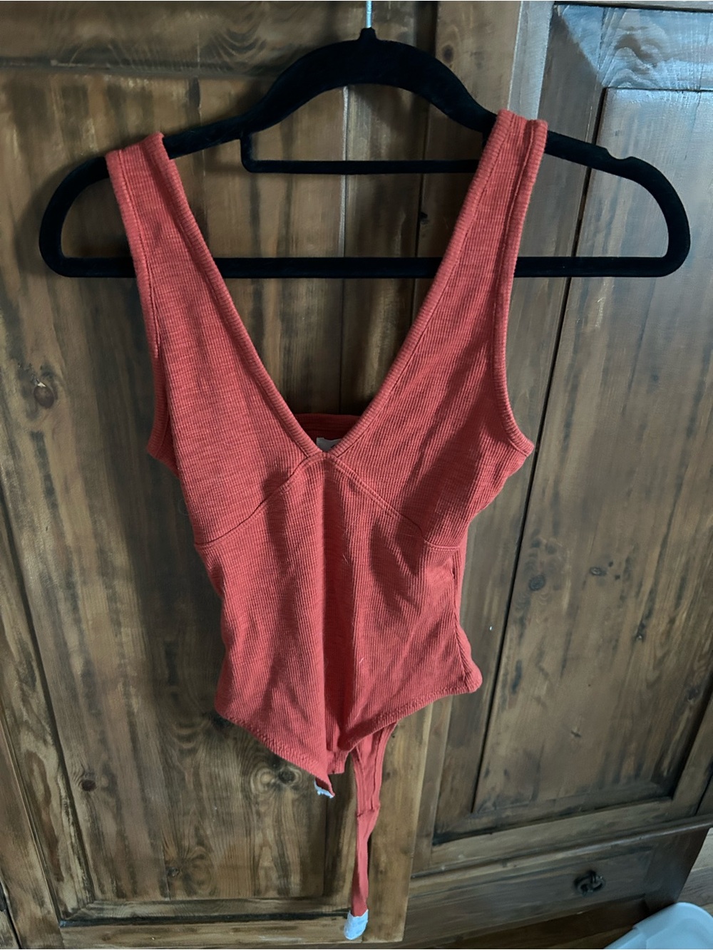 Madewell Women’s Ribbed V-Neck Bodysuit in burnt orange
